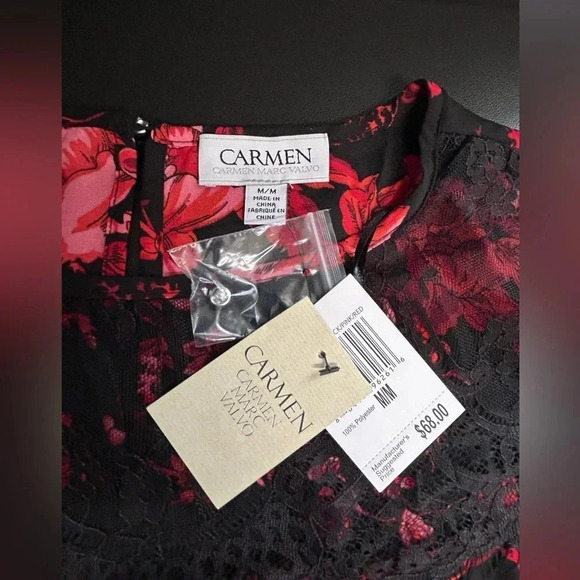 Carmen Marc Valvo Women’s Blouse Medium Floral Red Black Lace Keyhole‎ Romantic - Picture 4 of 16